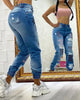Jeans Women Stylish Monogrammed Slashed Marabou Chino Jeans Casual Length Trousers Plus Size Pants For Female