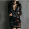 Womens Long Sleeve Velvet Floral Print Lace Trim Deep V Bodycon Mini Dress