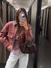 Women's Pink Corduroy Pu Leather Collar Cropped Jacket Long Sleeve Zipper Coat All-match Spring Autumn Outfit