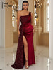 Wine Sequin Evening Dress Elegant Women One Shoulder Draped Split Wedding Party Prom Dresses Bridesmaid Wine Long Gown