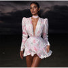 Women's Pink Floral Print Puff Sleeve Dress With Waistband Deep V-neck Chic Satin Ruffled Hem Mini Dress Elegant Sexy Robes
