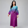 Elegant Gradient Color Pleated Women's Dress Lace Up Design Round Collar Flower Sleeve Famale Clothing 2DB8074