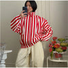 Vertical Stripe Two Piece Outfit Stand Collar Zip Up Jacket Elastic Waist Wide Leg Pants Loose Women Casual High Street Set