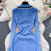 Autumn Winter Wear Dress Women Polo Single Breasted Pocket Design Bodycon Knitting Temperament Sweater Long Dresses