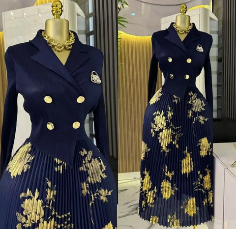 Commuter Temperament Dress Spring Women Clothing Long-sleeved Pleated Skirt Suit Collar Elegant Skirt Versatile