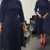 Elegant Office Dress Pleated for Women Professional Round Neck Full Sleeve Belt Waisted Mid Calf Formal Business Work Dress