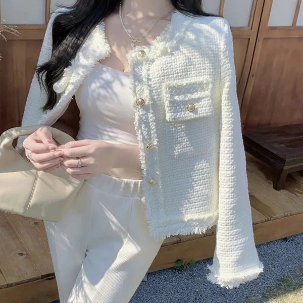 Korean Plaid Tweed Jacket Women White Round Neck Cropped Tassel Coat Autumn Single Breasted Office Lady Outwear