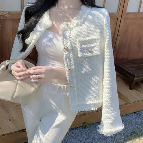 Korean Plaid Tweed Jacket Women White Round Neck Cropped Tassel Coat Autumn Single Breasted Office Lady Outwear