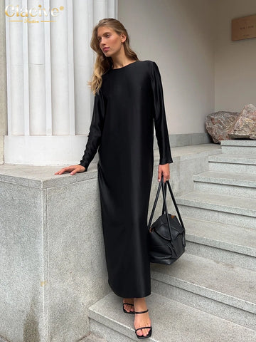 Casual Black Satin Women'S Dress O-Neck Long Sleeve Ankle Length Dresses Elegant Classic Solid Female Dress