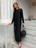 Casual Black Satin Women'S Dress O-Neck Long Sleeve Ankle Length Dresses Elegant Classic Solid Female Dress