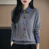 Fake Two Piece Spliced Sweater Jacket Women Autumn Long Sleeve Loose Shirt Collar Knitted Cardigan Ladies Casual Knit Female
