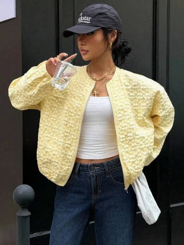 Women Yellow Jacquard Bomber Jacket Round Neck Zipper Long Sleeve Loose Cropped Coat Lady High Street Daily Outerwear