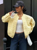 Women Yellow Jacquard Bomber Jacket Round Neck Zipper Long Sleeve Loose Cropped Coat Lady High Street Daily Outerwear