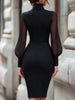Women Mock Neck Mesh Long Sleeve Midi Dress Asymmetric Ruched Waist Slim Bodycon Elegant Wedding