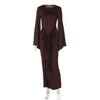 Autumn Elegant O-Neck Long Flare Sleeve Ruched Slim Fit Ribbon Long Dress Women'S Solid Casual Party Club Outfit