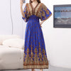 Women Bohemian Ethnic Printed Holiday Dress V-Neck Elastic Waist Casual Batswing Sleeve Mid Dress Elegant Vintage Retro Dress
