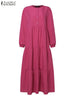 Autumn Women Long Vestidos Muslim O Neck Islamic Hijab Casual Loose Maxi Dress Tiered Long Sleeve Abaya Robes