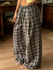 Women Vintage Aesthetic Casual Plaid Print Barrel Pants Drawstring Elastic Waist Loose Straight Pants with Pockets Streetwear