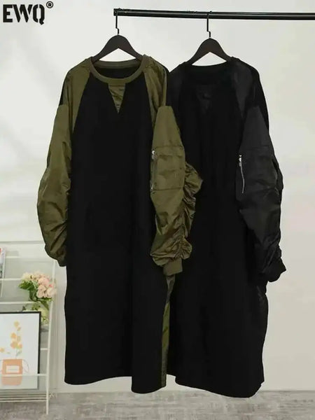 Pleated Long Sleeve Design Contrast Color Dress Loose Patchwork Casual Women Black Dresses Autumn CPG2092