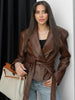 Burgundy PU Jacket Women Autumn Slim Lace Up Blazer Top Fall Casual Leather Jackets Coat Femme