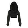 Furry Patchwork Jacket Women Hooded Autumn Zip Short Full Sleeve Wild Gothic Punk Street Club Coat