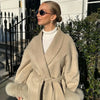 Retro Black Fur Patchwork Woolen Coat Women Chic Full Sleeve V-neck Lace Up Loose Long Overcoat Lady Winter Commute Outwear