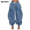 Women Streetwear Drawstring Fly Denim Pants Autumn Loose Safari Style Cargo Harem Hip Hop Jeans