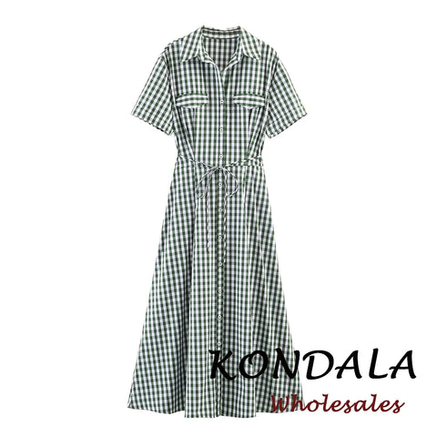 Vintage Plaid Elegant Woman Shirt Sashes Dress Single Breasted Casual Long Dress Streetwear Female Vestidos
