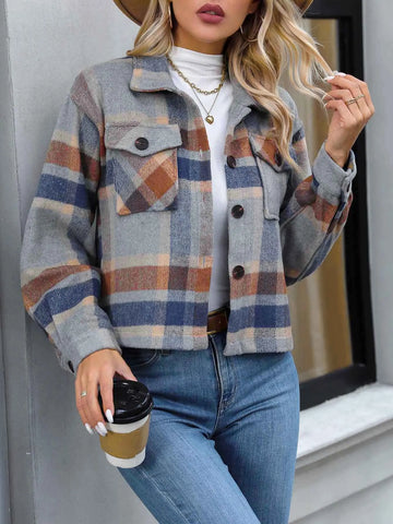 European and American Winter Product Lapel Flap Pocket Pants Casual Short Women's Plaid Jacket