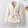 Elegant Fleece Women's Coat Solid V-neck Long Sleeve Belted Lace-Up Cardigan Jacket Autumn Winter Outerwear Female Tops