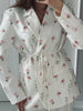Elegant Flower Printed Loose Suit Collar Coat Belted Waist Shoulder Pad Long Sleeve One Button Blazers Lady Street Chic Top