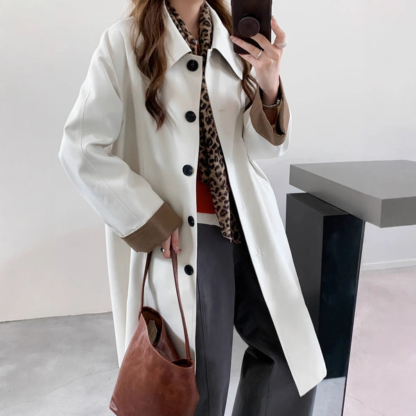 Oversize Casual England-style Turn-down Collar Design Coats for Women Autumn Mid-length Trench Coats