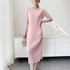 White Textured Pleated Women's Dress Raglan Sleeve Round Neck Side Slit Casual Formal Sheer Dresses Spring