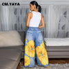 Women Fake Denim 3D floral Print Loose Wide Leg Jogger Pants Streetwear Active Hip Hop Sweatpants Trousers
