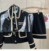 S-2XL Women Tweed Jacquard Black Suit Jacket Coat Top And Mini A Line Skirt Two Piece Set Elegant Outfit Winter Party Cloth