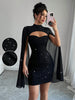 Sexy Women's Stand Collar Cape Mini Dress Sequins Sparkling Club Party Night Out Fitted Bodycon Elegant Autumn Winter