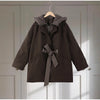 Dark Brown Hooded Hybrid Belted Jacket Oversize Long-Sleeve Spring Elegant Women Outerwear Office Casual Overcoat