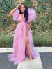 Women Cascading Ruffles Shoulder High Side Split Mesh Patchwork Maxi Long Dress sexy even Party Vestidos Dresses