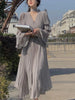 Spring Elegant V-Neck Midi Dress Office Lady Long Sleeve Casual One Piece Dress Korean French Vintage Chiffon Dress Women