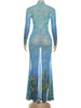 Sexy See Through Dress Women Hollow Hipster Colorful Print Stretch Skinny Midnight Party Clubwear Fishtail Bodycon