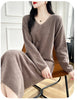 100% Merino Wool Women Long Dress Sweater V-Neck Pullover Long Dress Versatile Cashmere Knitwear Bottoming Clothing
