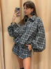 Women Casual Plaid Shorts Set Lapel Long-sleeved Zipper Jacket Short Pants Suit Lady Spring Daily Loose Outfits