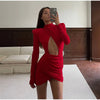 Solid Cinched-waist Mini Dress Women Casual V-neck Full Sleeve Shoulder Pads A-line Vestidos Lady Chic Party Street Gowns