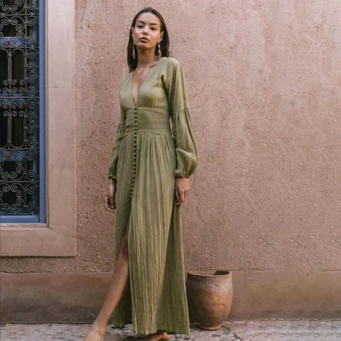 Women's Vintage Dress Autumn Sexy Solid Color Single-Breasted Split Dress Women's V-neck Lantern Sleeve Dress