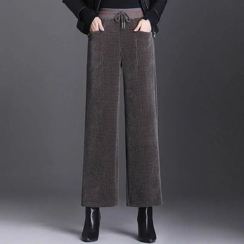 Autumn Winter Pants Women Pockets Elastic High Waist Drawstring Plus Velvet Straight Wide Leg Ankle Length Trousers