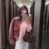 PU Leather Collar Corduroy Coat Elegant Long Sleeve Zipper Women's Cropped Jacket Spring Lady Outerwear Street