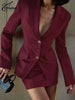 Wine Red Two Piece Set For Women Elegant Long Sleeve Single Breasted Blazers And Slim Simple Mini Skirts Sets