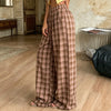 Women Vintage Aesthetic Casual Plaid Print Barrel Pants Drawstring Elastic Waist Loose Straight Pants with Pockets Streetwear