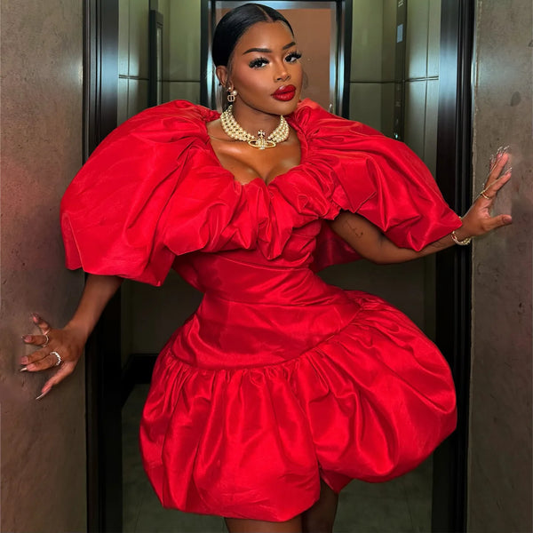 Red Puff Sleeve Mini Dress Women Sweetheart Neck Ruffle Trim Balloon Hem Bodycon Party Club Evening Cocktail Dress