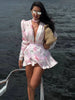 Women's Pink Floral Print Puff Sleeve Dress With Waistband Deep V-neck Chic Satin Ruffled Hem Mini Dress Elegant Sexy Robes